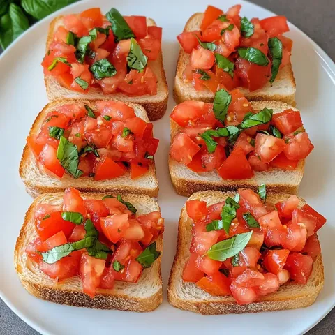 Ein Teller mit sechs Scheiben geröstetem Brot, belegt mit einer Mischung aus Tomatenwürfeln und frischem Basilikum.