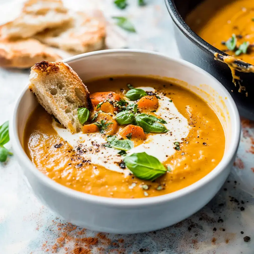 Eine Schüssel mit cremiger Kürbissuppe, garniert mit Sahne, frischen Kräutern und einem Stück Brot.