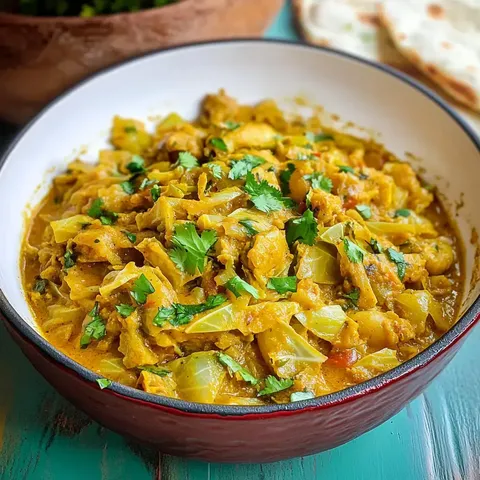 Eine Schüssel mit einem Curry-Gericht aus Hühnchen und Kohl, garniert mit frischem Koriander.