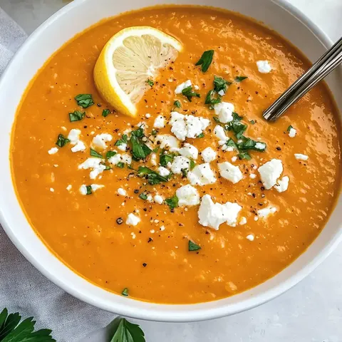 Eine Schüssel mit orangefarbener Suppe, garniert mit Zitronenscheibe, frisch gehackter Petersilie und zerbröckeltem Käse.