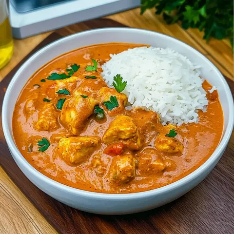 Ein Teller mit Hähnchen in einer cremigen Sauce, garniert mit frischen Kräutern, serviert mit einer Portion Reis.