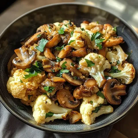 Eine Schüssel mit gebratenem Blumenkohl und Champignons, garniert mit frischer Petersilie.