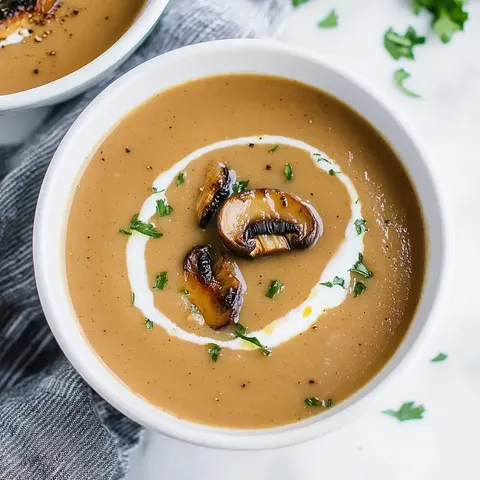 Eine cremige Pilzsuppe mit einem Swirl aus Sahne und angebratenen Champignons, garniert mit frischen Kräutern.