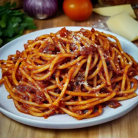 Ein Teller Spaghetti in Tomatensauce, garniert mit Parmesan, umgeben von frischen Zutaten.