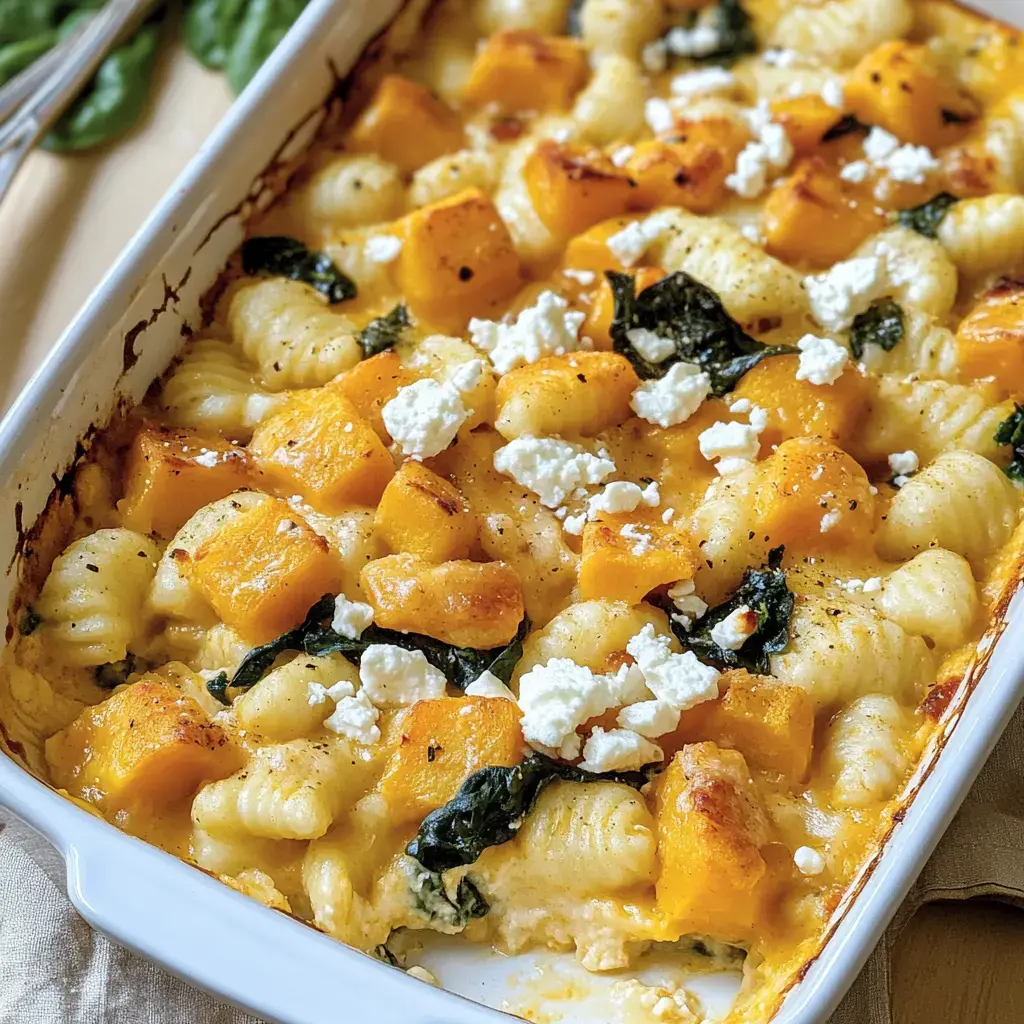 Ein Auflauf mit Gnocchi, Kürbisstücken und Spinat, garniert mit zerbröckeltem Feta-Käse.