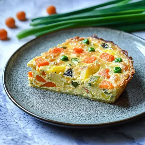 Ein Stück Gemüse-Quiche auf einem grauen Teller, garniert mit verschiedenen bunten Gemüsestücken.
