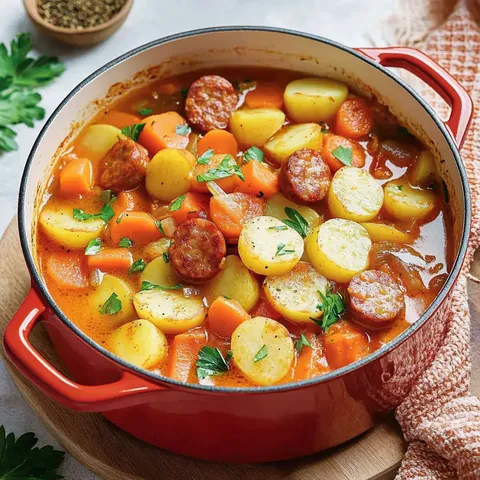 Ein roter Topf enthält einen herzhaften Eintopf aus Kartoffeln, Karotten und Wurst, garniert mit frischer Petersilie.