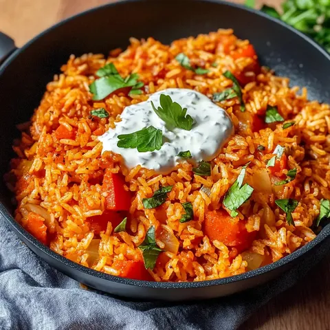 Ein Teller mit würzigem Reis, verfeinert mit Paprika, Zwiebeln und frischen Kräutern, garniert mit einem Klecks Joghurt.
