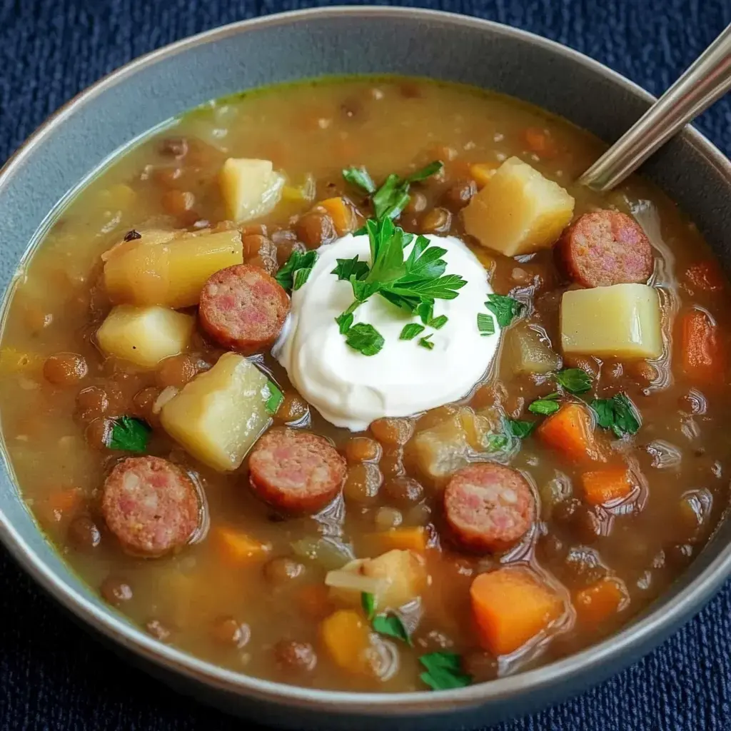 Ein Teller mit Linsensuppe, garniert mit Wurstscheiben, Kartoffeln, Karotten und einem Klecks Sauerrahm, darauf frische Petersilie.