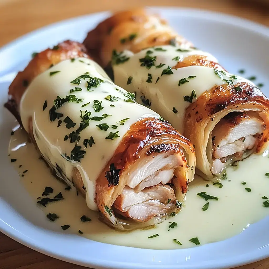 Zwei gefüllte Hähnchenröllchen mit einer cremigen Soße und frischen Kräutern auf einem weißen Teller.