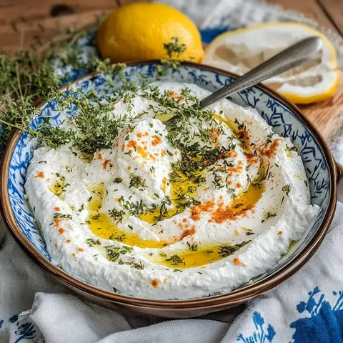 Ein Teller mit cremigem Joghurt, garniert mit Olivenöl, frischem Thymian und Paprika, neben einer Zitrone.