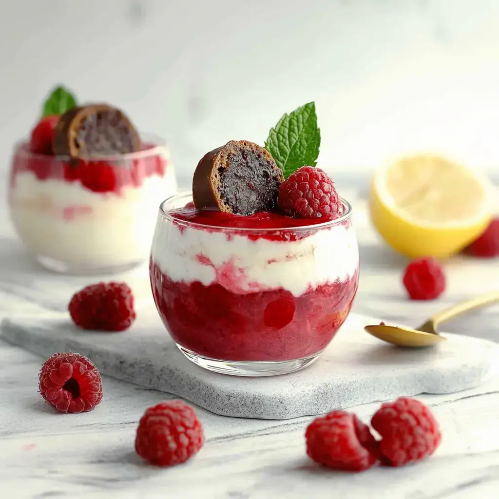 Zwei Gläser mit einem Schichtdessert aus Himbeersoße, Quark und einem Schokoladenstückchen, umgeben von frischen Himbeeren und einer Zitronenscheibe.