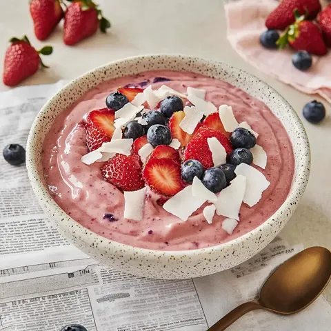 Eine Schüssel mit cremigem Joghurt, garniert mit Erdbeeren, Heidelbeeren und Kokosraspeln, steht auf einer Zeitung.