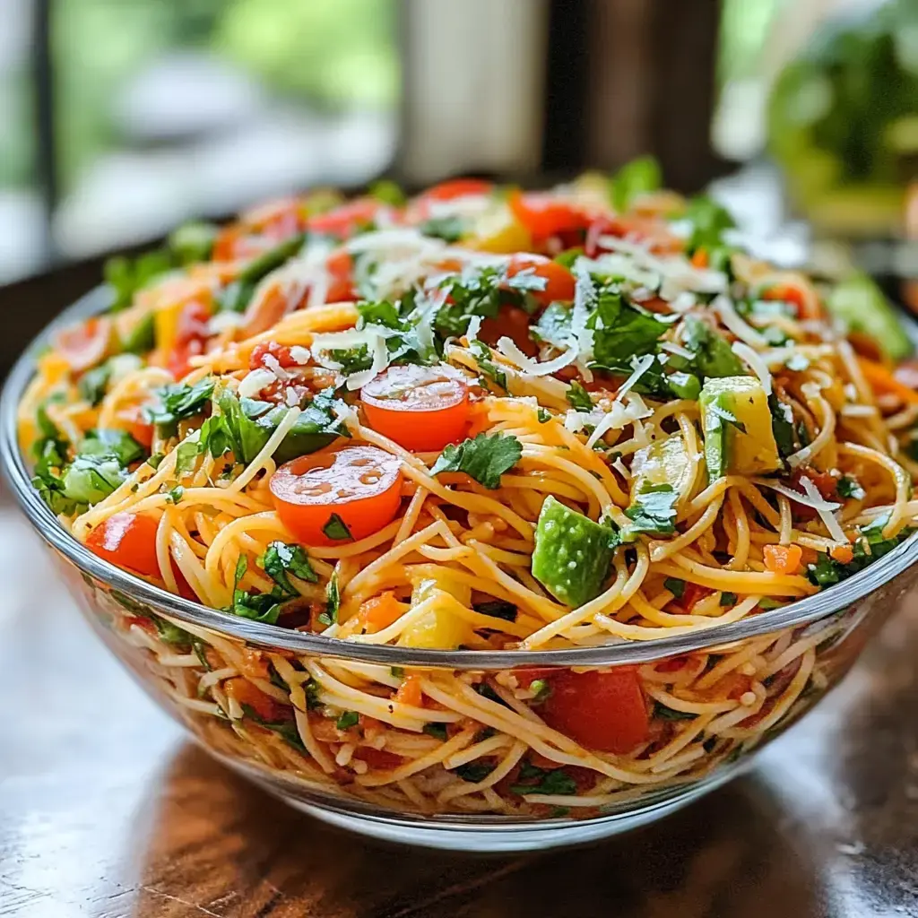 Eine große Schüssel mit bunten Spaghetti, garniert mit Kirschtomaten, Paprika, frischem Koriander und Käse.