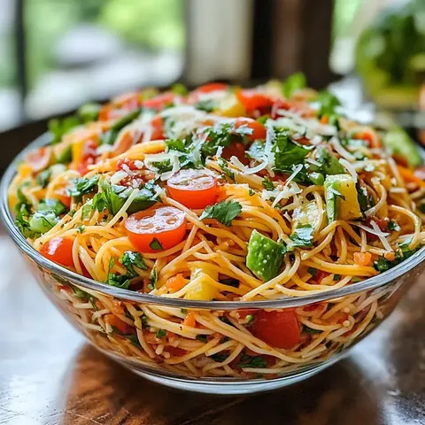 Eine große Schüssel mit bunten Spaghetti, garniert mit Kirschtomaten, Paprika, frischem Koriander und Käse.