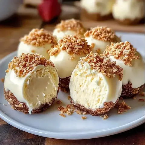 Eine Tellerszene mit mehreren leckeren, runden Desserts, die mit einer cremefarbenen Schicht und zerbröselten Keksstücken bedeckt sind, wobei eines der Desserts halbiert dargestellt wird.