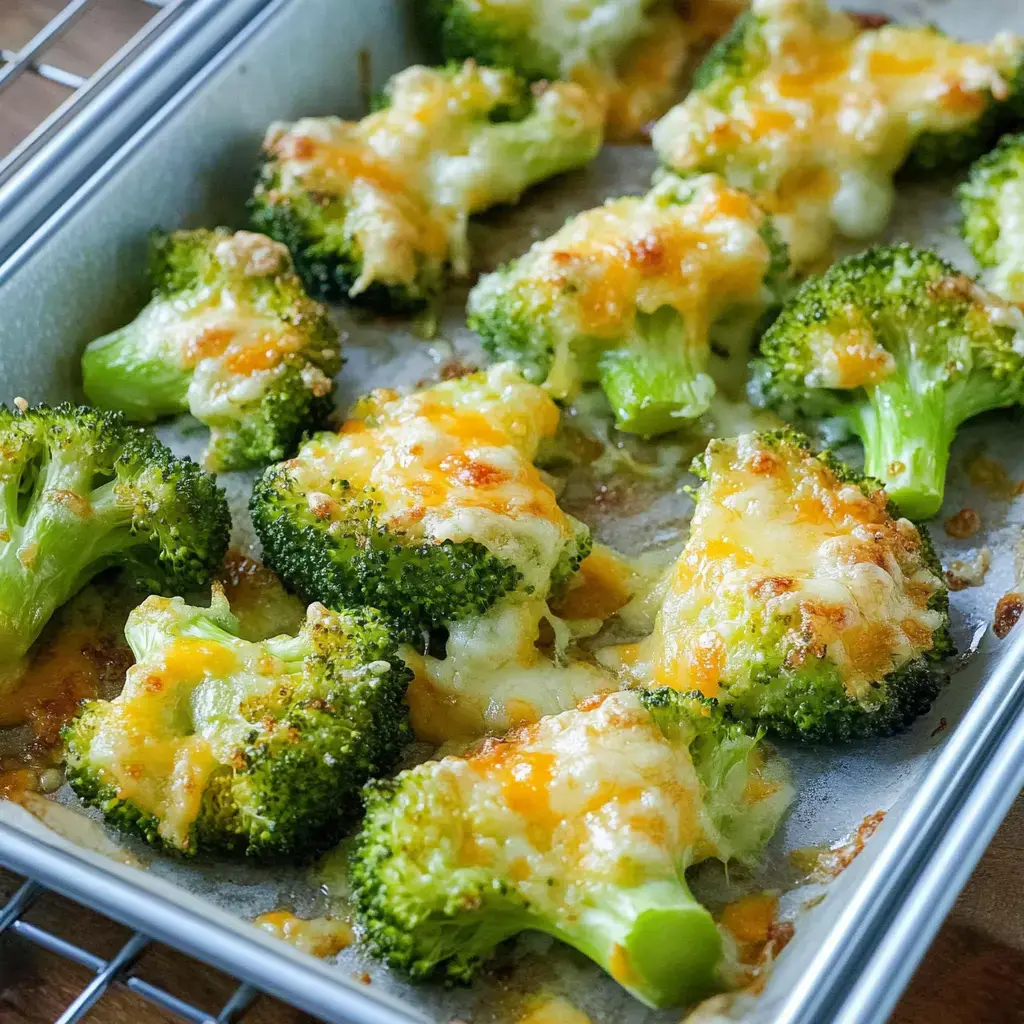 Überbackener Brokkoli mit geschmolzenem Käse auf einem Backblech.