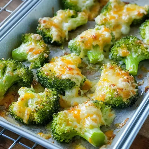 Überbackener Brokkoli mit geschmolzenem Käse auf einem Backblech.