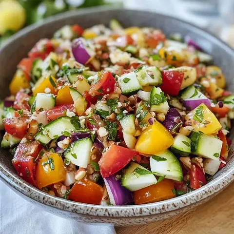 Eine bunte Salatmischung aus frischem Gemüse, darunter Tomaten, Gurken, Paprika und Zwiebeln, garniert mit Kräutern.