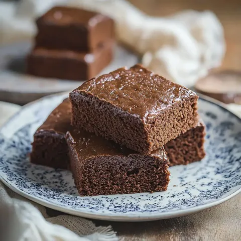Ein Teller mit schokoladigen Kuchenstücken, die übereinander gestapelt sind.