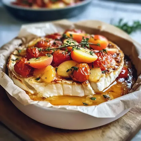 Ein köstlich gebackener Camembert mit süßen Kirschtomaten, Pfirsichen und frischem Thymian, serviert in einer weißen Auflaufform.