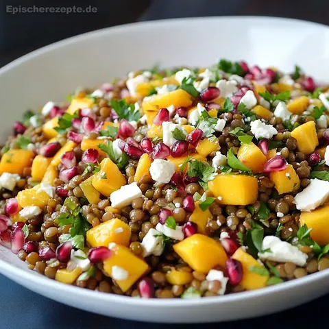 Linsensalat mit Feta, Mango und Granatapfelkernen