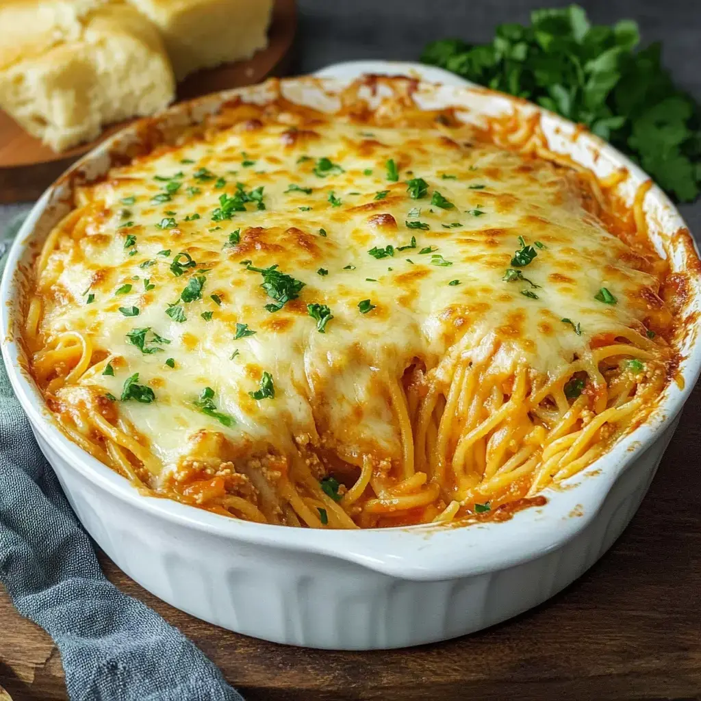 Ein köstlicher Auflauf aus Spaghetti, überbacken mit geschmolzenem Käse und garniert mit frischer Petersilie.