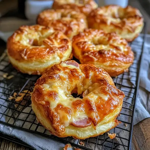 Drei frisch gebackene, cheesy Donuts mit Schinken auf einem Kuchengitter.