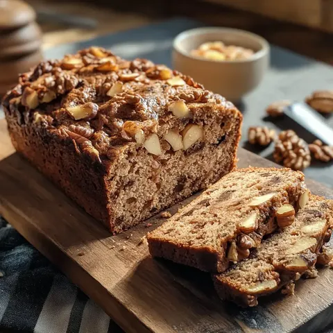 Ein frisch gebackener Nusskuchen mit einem Stück, das auf einem Holzbrett geschnitten ist.