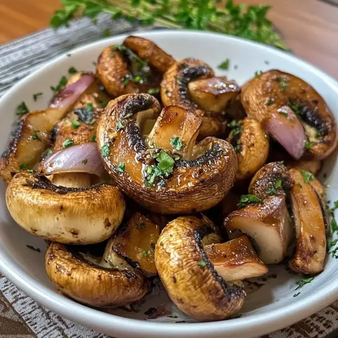 Ein Schüssel mit gebratenen Champignons und Zwiebelstücken, garniert mit frischen Kräutern.