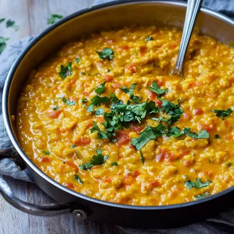 Ein herzhaftes Gericht aus gelben Linsen, verfeinert mit Tomaten und frischem Koriander.