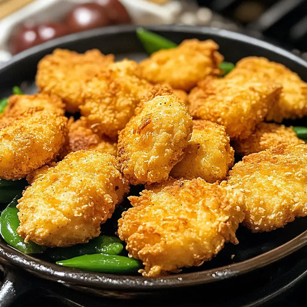 Ein Teller mit goldbraun gebratenen Nuggets auf einem Bett aus grünen Bohnen.