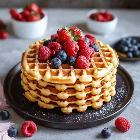 Ein Stapel Waffeln, garniert mit frischen Himbeeren und Heidelbeeren, befindet sich auf einem schwarzen Teller.