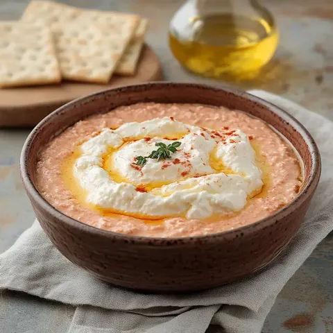 Eine Schüssel mit schaumiger, roter Dipmasse, garniert mit Sauerrahm, Öl und Gewürzen, dazu Knäckebrot im Hintergrund.
