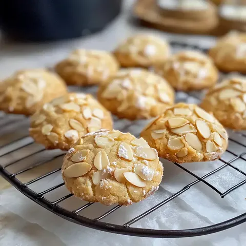 Auf einem Kuchengitter liegen frisch gebackene, mit Mandeln dekorierte Kekse.