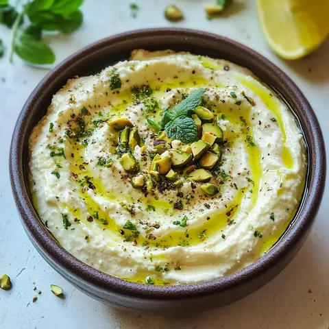 Eine Schüssel mit cremigem Hummus, garniert mit Pistazien, frischer Minze und einem Schuss Olivenöl.