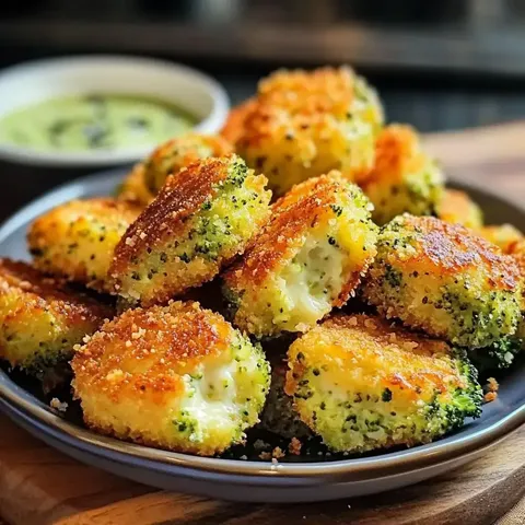 Ein Teller mit goldbraun gebratenen Brokkoli-Käse-Bällchen, die außen knusprig und innen cremig sind, daneben eine kleine Schale mit grüner Sauce.
