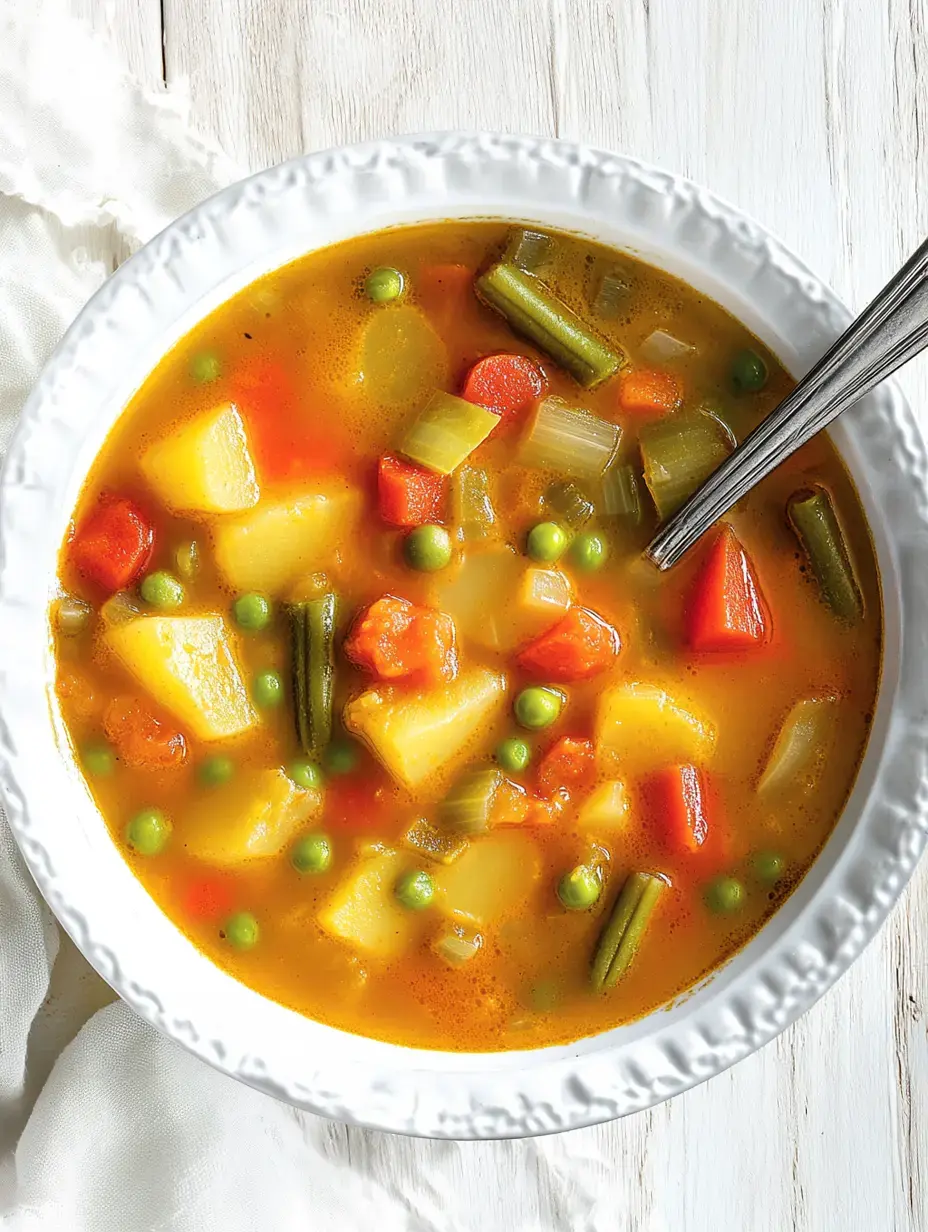Eine rustikale Gemüsesuppe in einer weißen Schüssel, gefüllt mit Kartoffeln, Karotten, Erbsen und grünen Bohnen in einer goldenen Brühe.