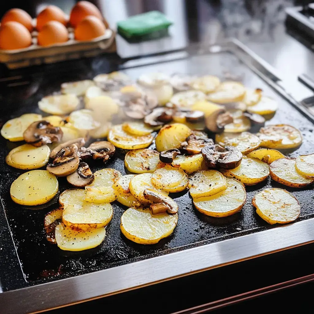 In der Abbildung sind gebratene Kartoffeln und Champignons auf einer heißen Grillplatte zu sehen, während im Hintergrund ein Karton mit Eiern steht.
