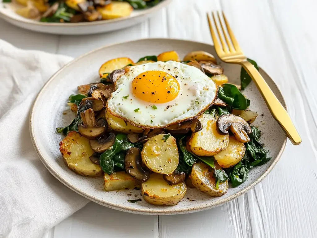 Ein Teller mit gebratenen Kartoffeln, Spinat und Champignons, garniert mit einem Spiegelei.
