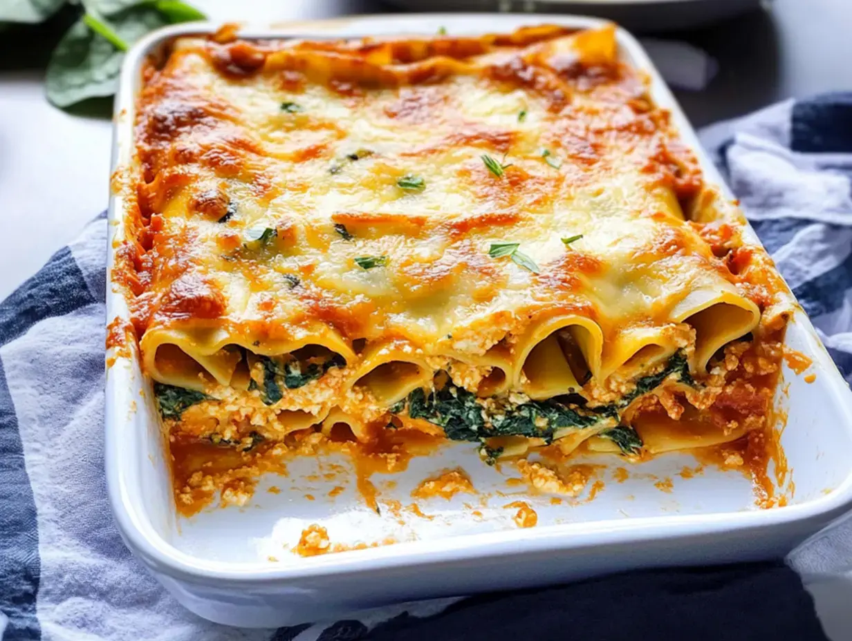 Ein Auflaufgericht mit Lasagne, gefüllt mit Spinat und Ricotta, überbacken mit Käse.