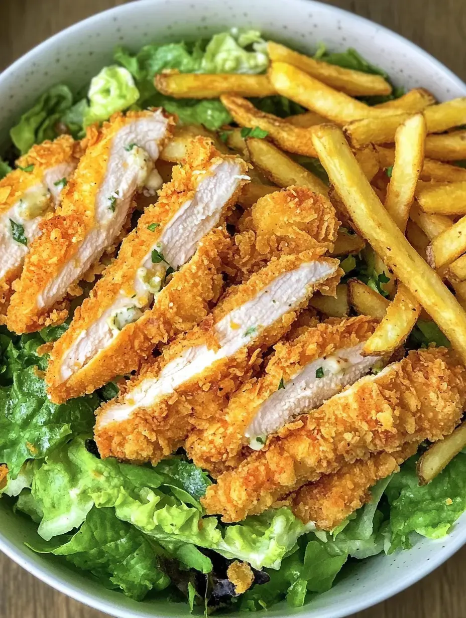 Ein Teller mit knusprigem Hähnchenfilet auf einem Bett aus frischem Salat und Pommes frites.