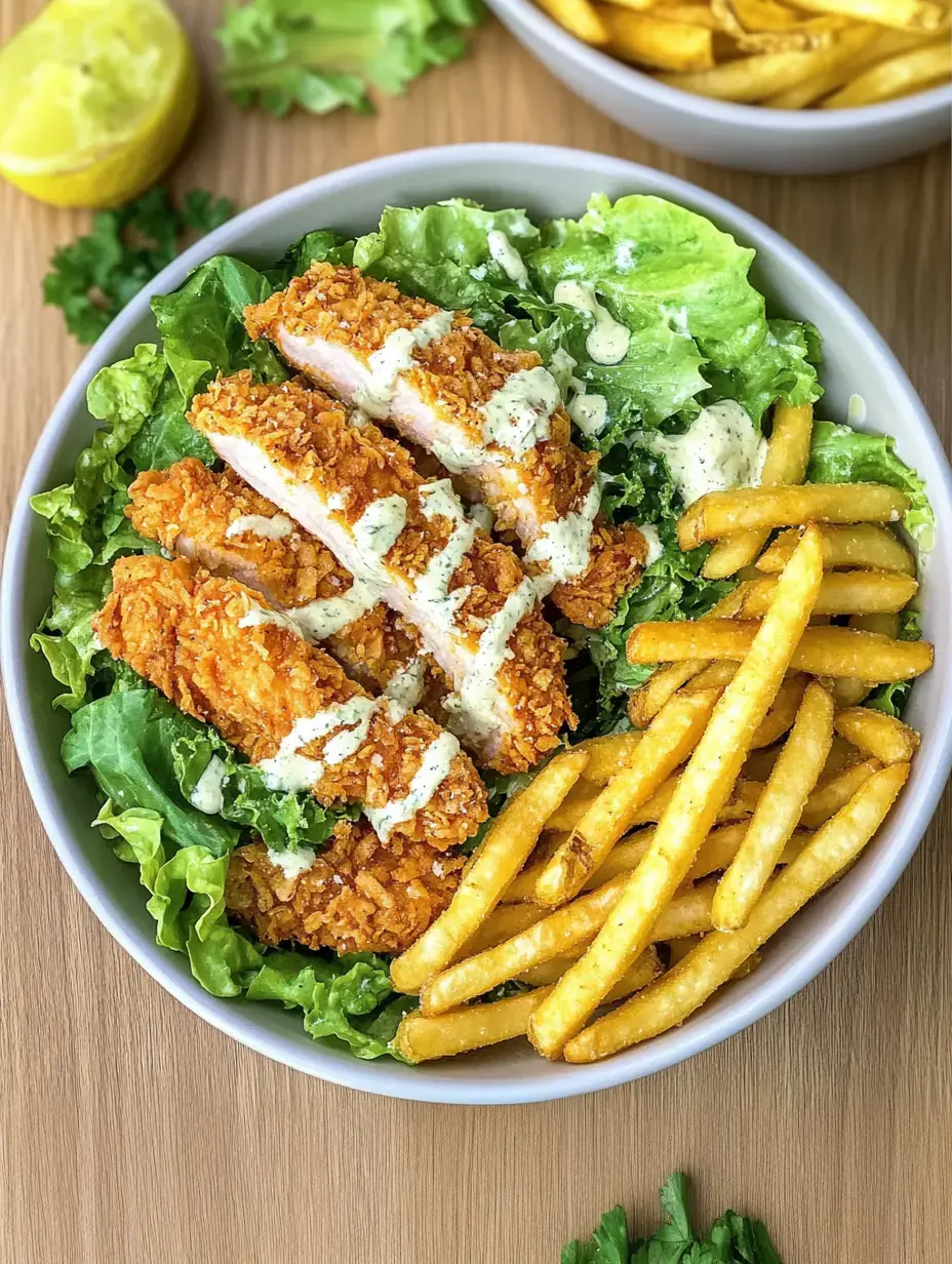 Eine Schüssel mit knusprigem Hähnchen auf Salat, garniert mit Dressing, und einer Portion Pommes frites.