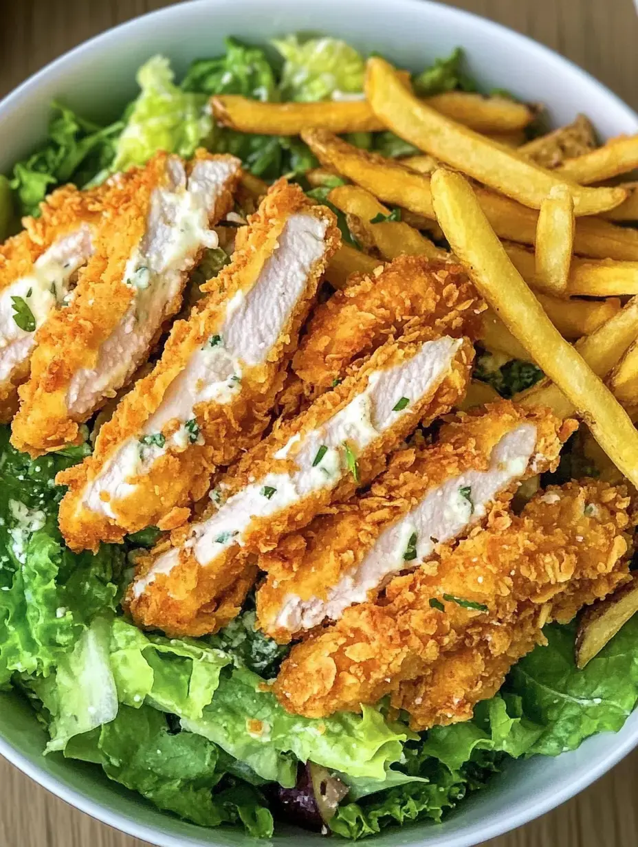 Ein Teller mit knusprigen Hühnerstreifen auf einem Bett aus grünem Salat und Pommes Frites.