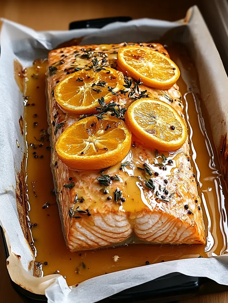 Ein gebratenes Stück Lachs, garniert mit Orangenscheiben und frischen Kräutern in einer glänzenden Marinade, liegt auf einem Backblech.