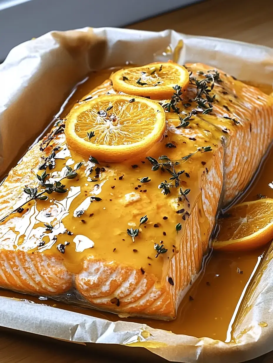 Ein saftiges Stück Lachs mit einer Glasur aus Orangensaft, garniert mit Orangenscheiben und frischem Thymian.
