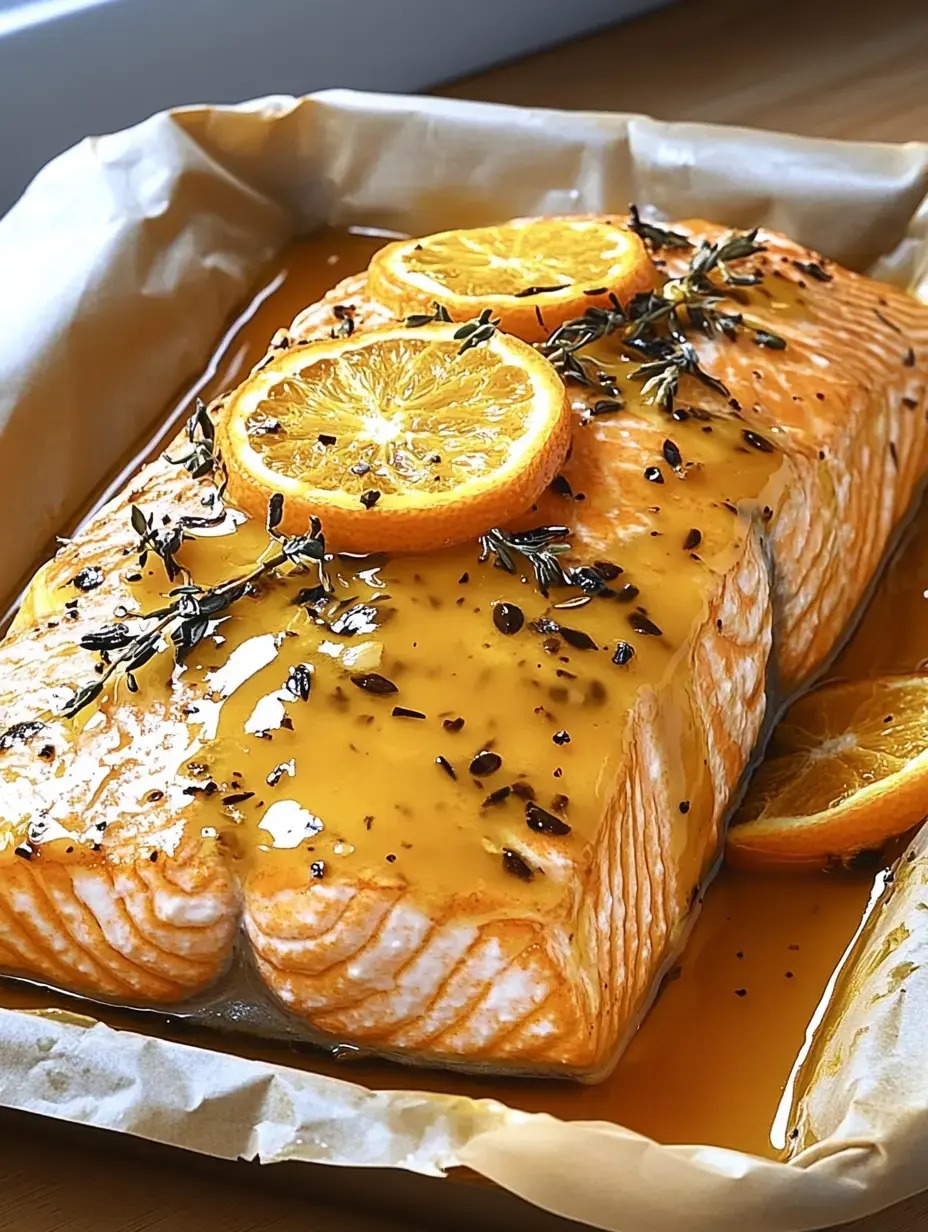 Ein Stück Lachsfilet mit Orangen- und Kräuterbelag in einer Auflaufform.