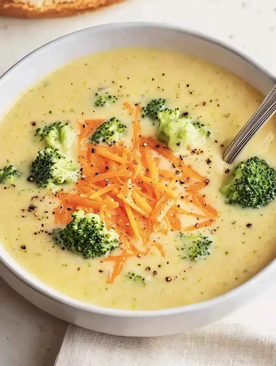 Eine Schüssel mit cremiger Brokkoli-Käse-Suppe, garniert mit frisch geriebenem Karottenraspel und schwarzem Pfeffer.