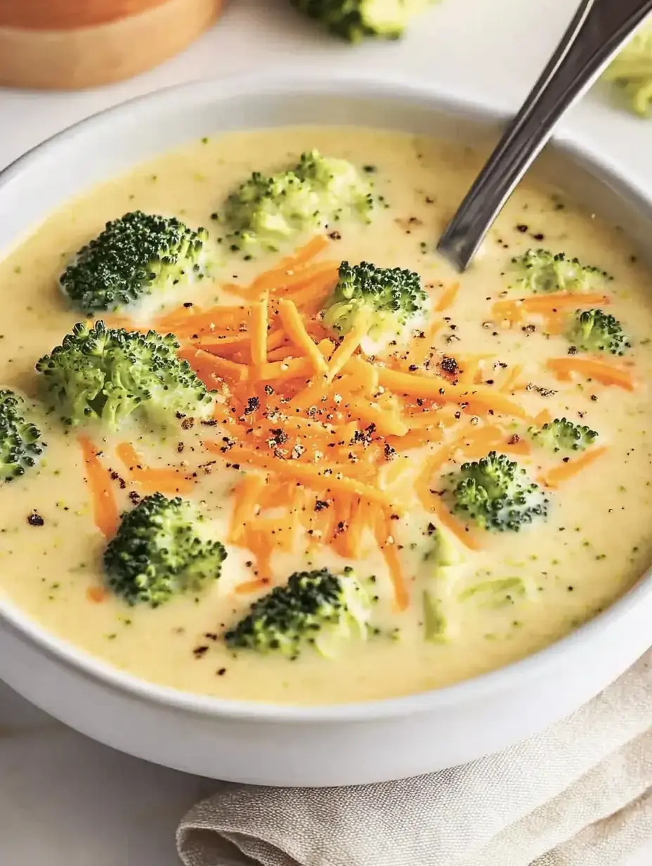 Eine Schüssel cremige Brokkoli-Käse-Suppe mit Brokkoliröschen und geriebenem Käse, dekoriert mit Pfeffer.
