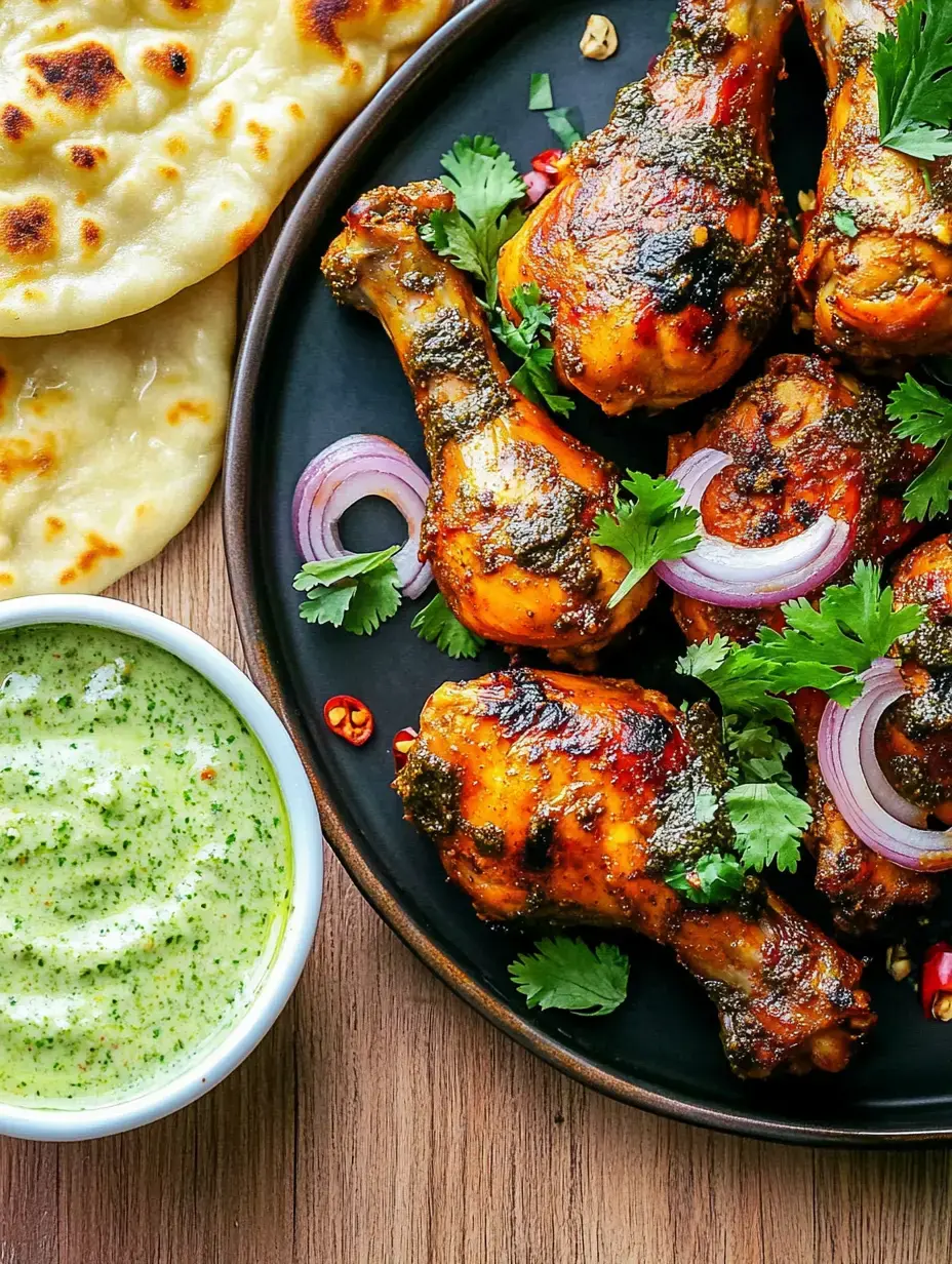 Ein Teller mit gegrillten Hähnchenschenkeln, garniert mit frischem Koriander und Zwiebeln, neben zwei Naan-Broten und einer Schüssel mit grünem Dip.